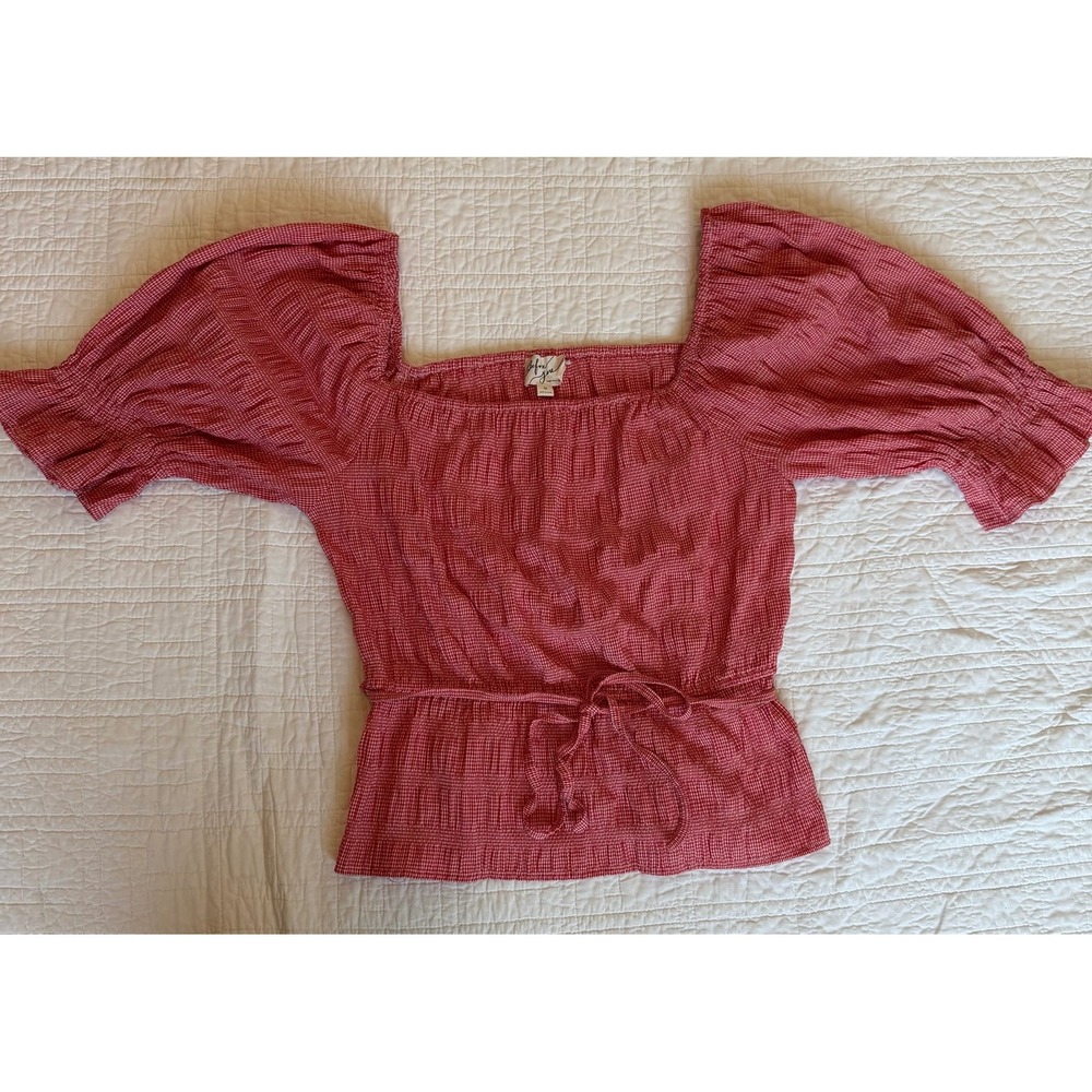 Womens Medium Red Gingham Square‎ Neck Puff Sleeve Peplum  Top Off The Shoulder